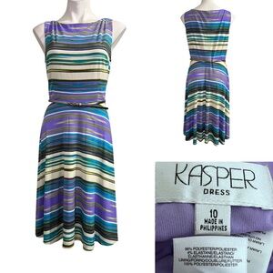 Kasper dress size 10 Women's Striped Purple multicolor A-line belted knee length
